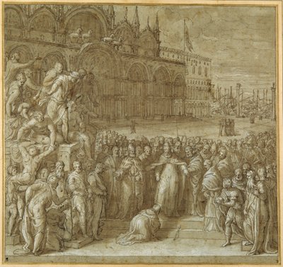 A reconciliação entre o Papa Alexandre III e Frederick Barbarossa, na presença de Doge Sebastiano Ziani (caneta e tinta marrom com lavagem marrom e aumento de altura) de Giuseppe della Porta Salviati