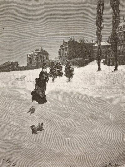 Está frio!, mulher caminhando na neve, gravura de uma pintura de Giuseppe De Nittis, desenho de Montefusco, L
