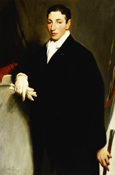 Retrato de Dennis Cohen, três quartos de comprimento, vestindo um casaco preto e uma luva branca e segurando uma bengala de Glyn Warren Philpot