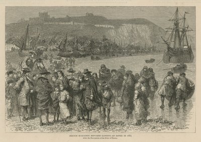 Os huguenotes em Inglaterra: Refugiados huguenotes franceses desembarcando em Dover em 1685 (gravura) de Godefroy Durand