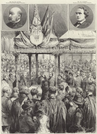 A Rainha lança a primeira pedra da nova sala de exames médicos no Victoria Embankment (gravura) de Godefroy Durand