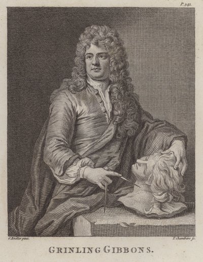 Grinling Gibbons, escultor e escultor inglês de madeira (gravura) de Godfrey (after) Kneller