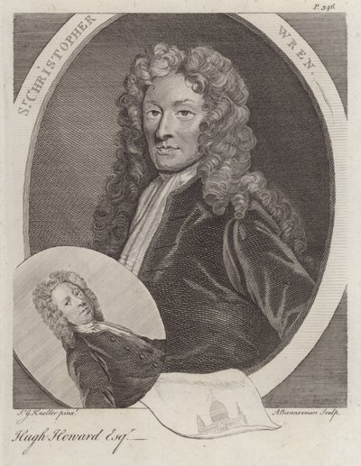 Sir Christopher Wren, arquitecto inglês, e Hugh Howard, artista e coleccionador inglês (gravura) de Godfrey (after) Kneller