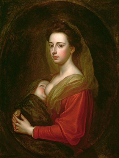 Retrato de Lady Mary Boyle (1566-1673) e seu filho Charles Boyle (d.1720) (óleo sobre tela em um oval pintado) de Godfrey Kneller