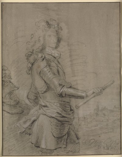 Retrato de três quartos de um comandante em armadura e com um bastão na mão direita. Ao fundo uma paisagem com uma cidade de Godfrey Kneller