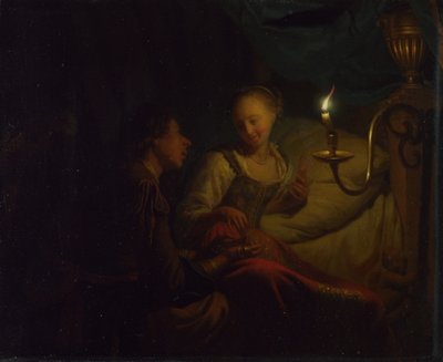Uma cena à luz de velas. Um homem oferecendo uma corrente de ouro e moedas para uma garota sentada em uma cama, c. 1665-1667 de Godfried Cornelisz Schalcken
