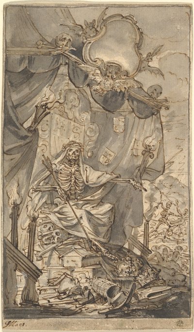 Death on a Canopied Throne Design para uma página de rosto, final do século XVII. de Godfried Maes