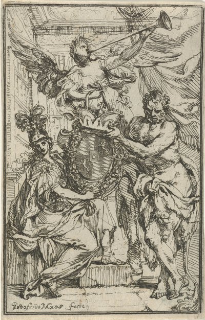 Minerva, Hércules e Fama com brasão de Godfried Maes