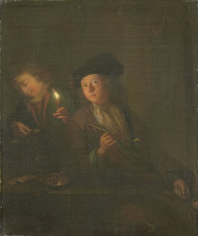 O Fumador (Um Homem com um Cachimbo e um Homem a Verter uma Bebida para um Vidro) de Godfried Schalcken (attributed to)