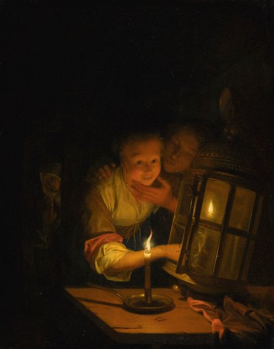 Um casal amoroso apanhado a acender uma lanterna de Godfried Schalcken