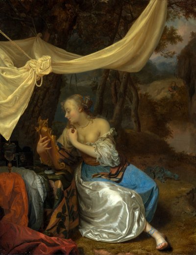 Dama com espelho sob um dossel numa paisagem arborizada de Godfried Schalcken