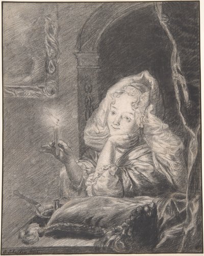 Jovem mulher sentada a uma mesa, segurando uma vela de Godfried Schalcken