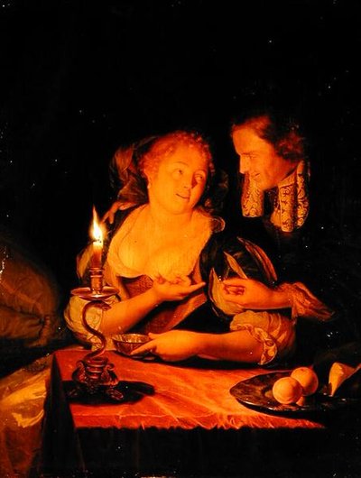 Um Cavalheiro Oferecendo um Anel a uma Senhora (óleo no painel) de Godfried Schalcken