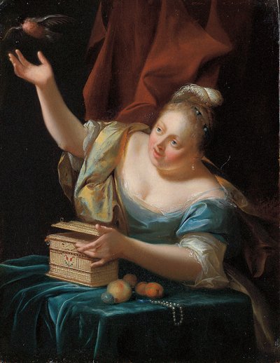 Uma mulher, sentada ao lado de uma mesa em fantasia, libertando um pássaro da gaiola de Godfried Schalcken