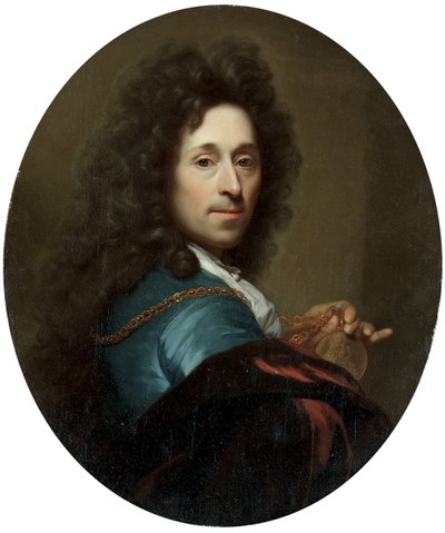 Retrato do artista de casaco azul e capa de veludo marrom, com medalhão do Eleitor Palatino, Johann Wilhelm de Godfried Schalcken