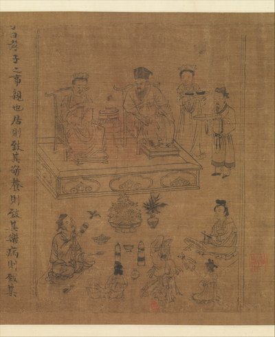 O Clássico da Piedade Filial, c.1085 (tinta e cor na seda) de Gonglin Li