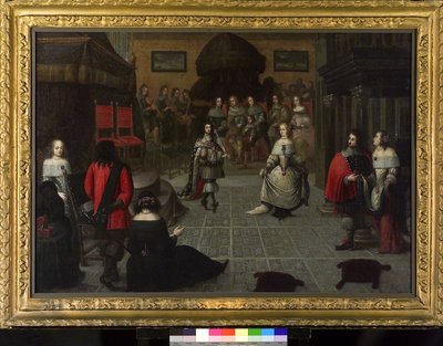 Carlos II de Inglaterra (1630-1685) dançando em Haia (Países Baixos), em maio de 1660, provavelmente com a sua sobrinha Elizabeth van de Paltz (1616-1680), para a cerimónia de restituição do seu título de rei de Inglaterra de Gonzales Coques