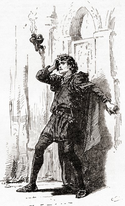 Uma cena de William Shakespeares toca Hamlet, Ato I, Cena 5, Hamlet: Lembra-te de ti! Ah, tu pobre fantasma, enquanto a memória ocupa um lugar neste globo distraído, de The Works of William Shakespeare, pu de Gordon Frederick Browne