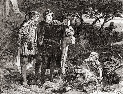 Uma cena de William Shakespeare interpreta Hamlet, Ato V, Cena 1, Hamlet: Eu o conheço, Horatio, um sujeito de gracejo infinito, da mais excelente fantasia, de The Works of William Shakespeare, publicado em 1896 (e de Gordon Frederick Browne