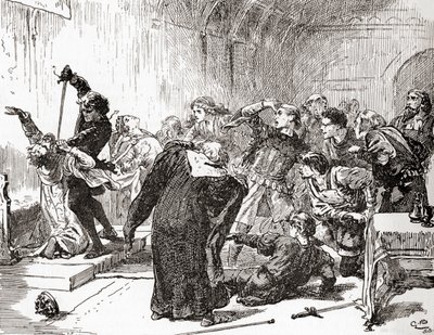 Uma cena de William Shakespeares toca Hamlet, Ato V, Cena 2, Hamlet: O ponto de ataque também! Então, veneno, para o teu trabalho. (Stabs the king), de Os Trabalhos de William Shakespeare, publicado em 1896 (engrav de Gordon Frederick Browne