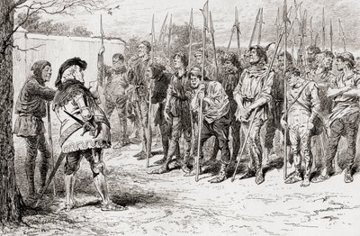 Uma cena de William Shakespeares tocar King Henry IV, Parte 1, ato IV, cena 2, Falstaffs regimento irregular, de The Works of William Shakespeare, publicado em 1896 de Gordon Frederick Browne