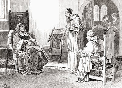 Uma cena de William Shakespeare interpreta o Rei Henrique VIII, Ato III, Cena 1, a Rainha Katherine: Faça o que quiser, meus senhores e ore, perdoe-me, se eu me tiver usado sem egoísmo, das Obras de William Sha de Gordon Frederick Browne