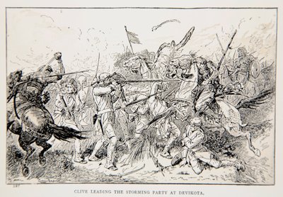 Clive lidera a festa em Devikota, uma ilustração de "With Clive in India, ou o começo de um império", de GA Henty, pub. Londres, 1884 de Gordon Frederick Browne