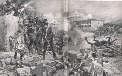 Como o 57º Regimento ganhou o apelido de "The Die Hards" na Batalha de Albuera, 16 de maio de 1811, ilustração de "Batalhas Britânicas na Terra e no Mar", publicado por Cassell, Londres, c.1910 de Gordon Frederick Browne