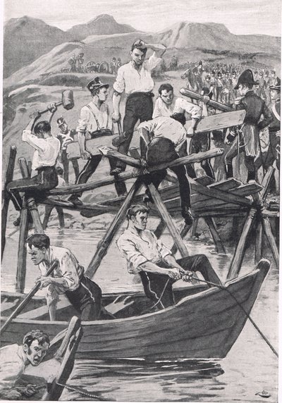 A construção da ponte sobre o Guadiana, a 3 de abril de 1811, ilustração de "Batalhas britânicas na terra e no mar", publicada por Cassell, Londres, c.1910 de Gordon Frederick Browne