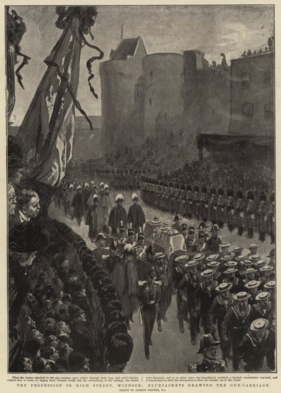 A procissão em High Street, Windsor, Bluejackets, desenhando o transporte de armas de Gordon Frederick Browne
