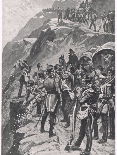 O Retiro à Corunha: Arremessando a Prata pela encosta da montanha, ilustração de "Batalhas Britânicas na Terra e no Mar", publicada por Cassell, Londres, c.1910 de Gordon Frederick Browne