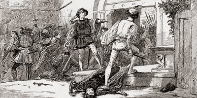 Tybalt morto por Romeo, cena de William Shakespeares Romeu e Julieta, Ato III, Cena 1, de Os Trabalhos de William Shakespeare, publicado em 1896 de Gordon Frederick Browne
