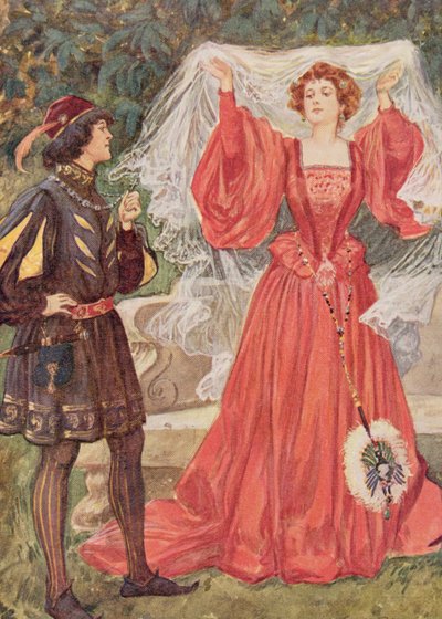 Viola e Olivia em Twelfth Night de &39;Children&39;s Stories from Shakespeare&39; por Edith Nesbit (1858-1924) pub. por Raphael Tuck und Sons Ltd., Londres (ilustração do livro) de Gordon Frederick Browne