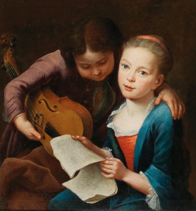 Casal de crianças tocando música, 1746. de Gottfried Eichler the Elder