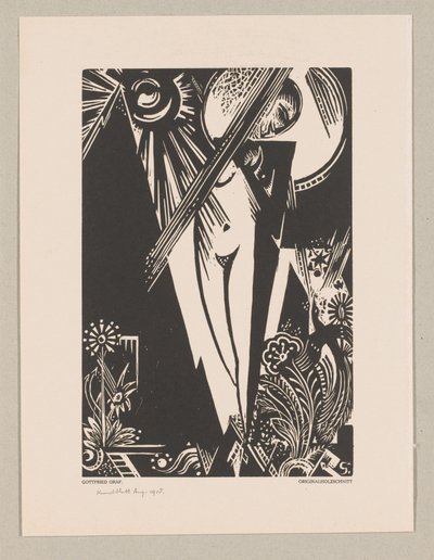 Mulher em pé, sol, lua e flores de Gottfried Graf