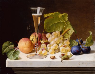 Uvas, pêssegos, ameixas, nozes e uma taça de champanhe em uma borda de mármore de Gottfried Schultz
