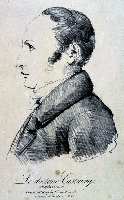 Retrato do Dr. Castaing, envenenador. Ele usou sal de morfina, hidrocloreto para matar o seu amigo Hippolyte Ballet em 1823. Foi executado em Paris, em 1824. Litografia de Engelmann a partir de um esboço feito na sessão de 11 de Novembro. de Gottfried or Godefroy Engelmann
