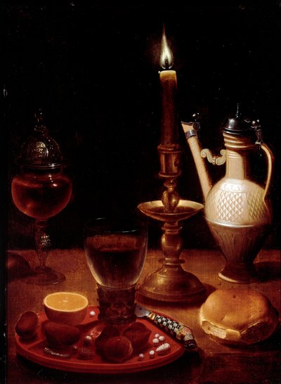 Still Life with Candle, Glass of Wine and Orange Painting by Gotthardt by Wedig (Gottfried Von Wedig) (1583-1641) Paris, Musee du Louvre de Gotthardt von Wedig