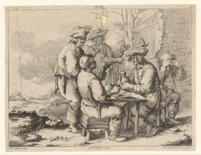Cinco agricultores à mesa no grande ar livre
Aconchego rural (título da série) de Gottlieb Friedrich Riedel