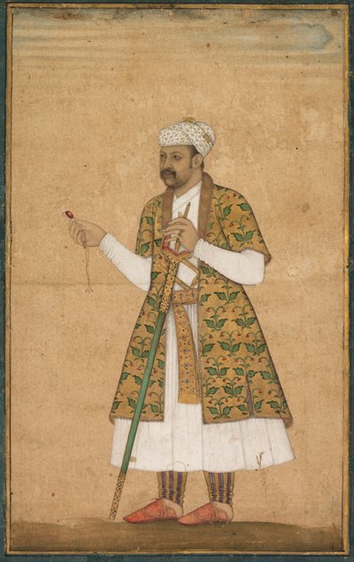 Um cortesão, possivelmente Khan Alam, segurando um espinélio e uma espada Deccan, c. 1605-1610. de Govardhan