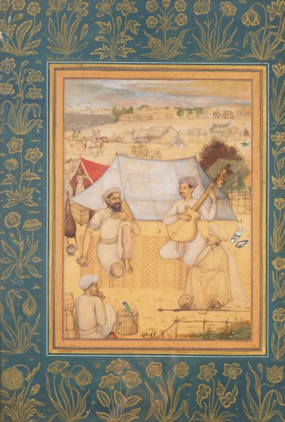 Músicos e cantores se ajoelham nos arredores de um acampamento de Mughal. Um Yogi e um Servo Escute-os, do Álbum Minto, c.1630 de Govardhan