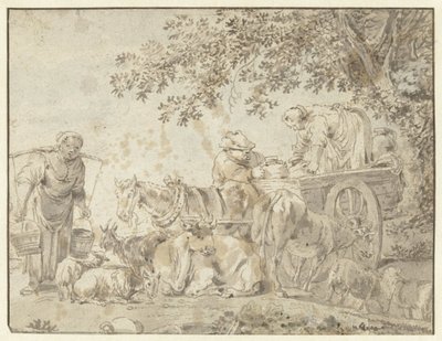 Agricultores e gado numa carruagem agrícola de Govert Dircksz. Camphuysen (possibly)