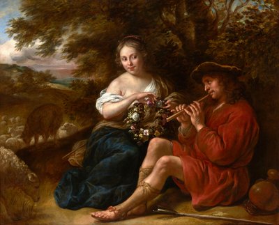 Holandês: Pastora a ouvir um pastor a tocar flauta numa paisagem árcade Pastora elegante a ouvir um pastor a tocar flauta numa paisagem árcade de Govert Flinck