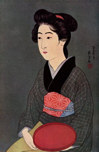 Uma garçonete japonesa com uma bandeja, 1920 1930. de Goyo Hashiguchi