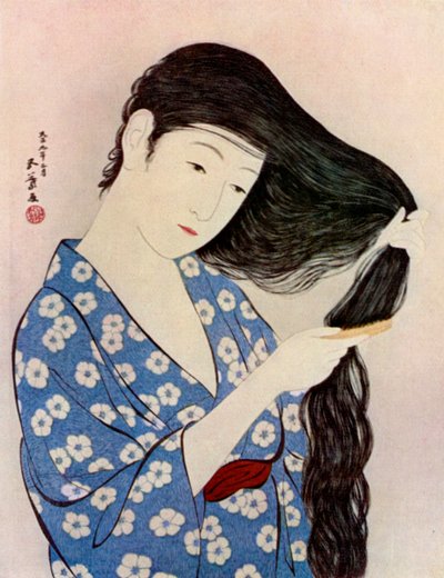 Uma mulher japonesa penteando o cabelo, 1920 1930. de Goyo Hashiguchi