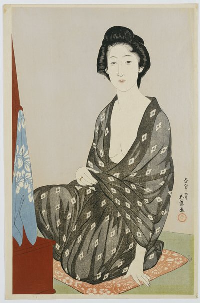 Uma beleza em um quimono preto com padrões brancos de hanabishi, sentado diante de um espelho, 1920 de Goyo Hashiguchi