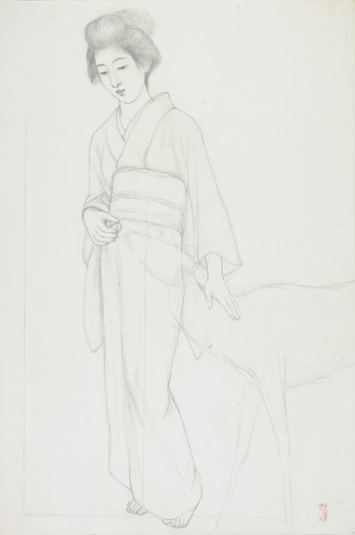Desenho de mulher acariciando um cervo de Goyo Hashiguchi