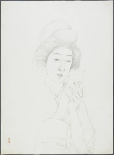 Desenho de uma mulher segurando o espelho de Goyo Hashiguchi