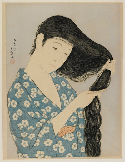 Mulher penteando o cabelo, era Taisho, de março de 1920 (impressão woodblock de cor) de Goyo Hashiguchi