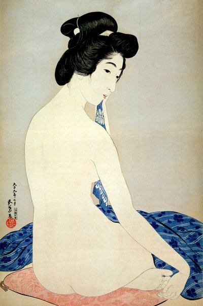 Mulher após o banho, publicado por Shosaburo Watanabe, 1920, (impressão em xilogravura a cores) de Goyo Hashiguchi